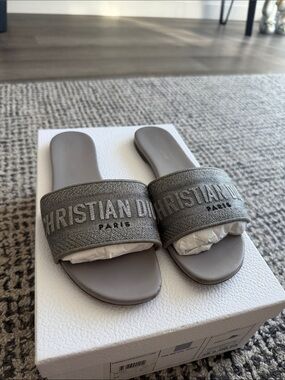 Christian Dior Grey Embroidered Slide Sandals